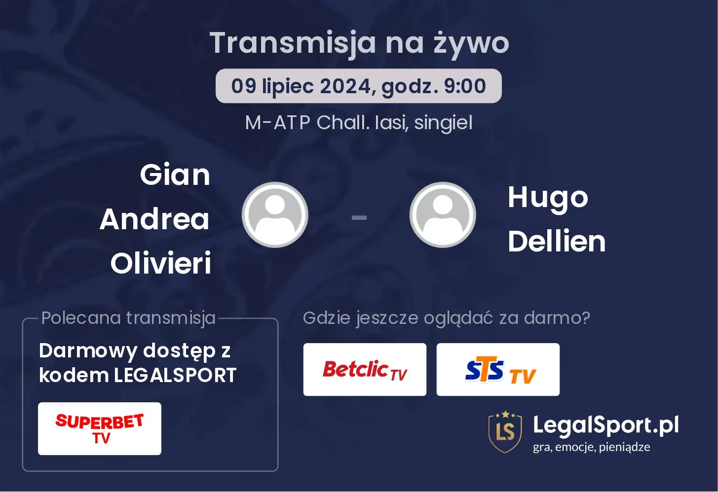 Gian Andrea Olivieri - Hugo Dellien gdzie oglądać? Transmisja online za darmo (09.07, godz. 09:00)