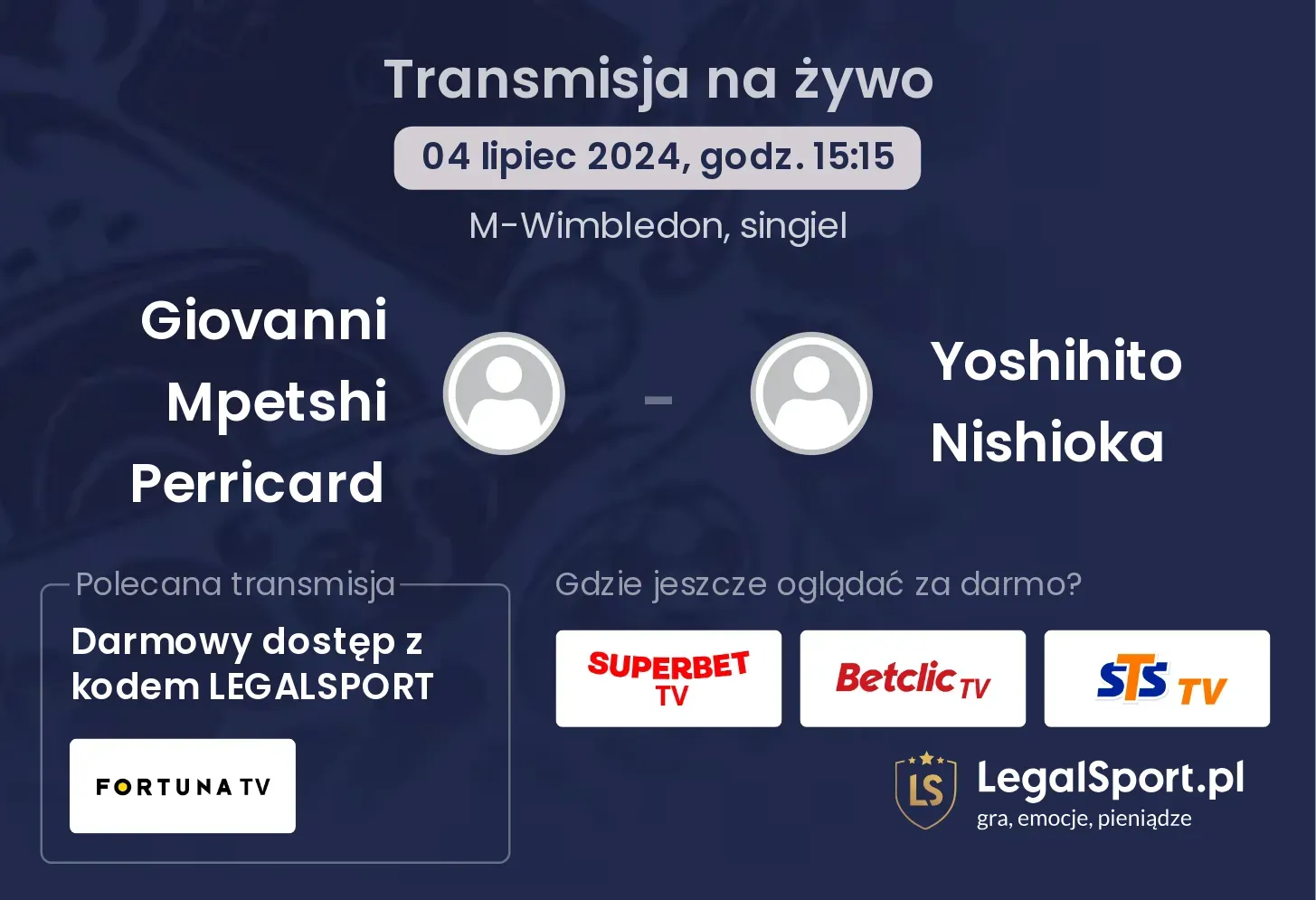 Giovanni Mpetshi Perricard - Yoshihito Nishioka gdzie oglądać? Transmisja online za darmo (04.07, godz. 15:15)