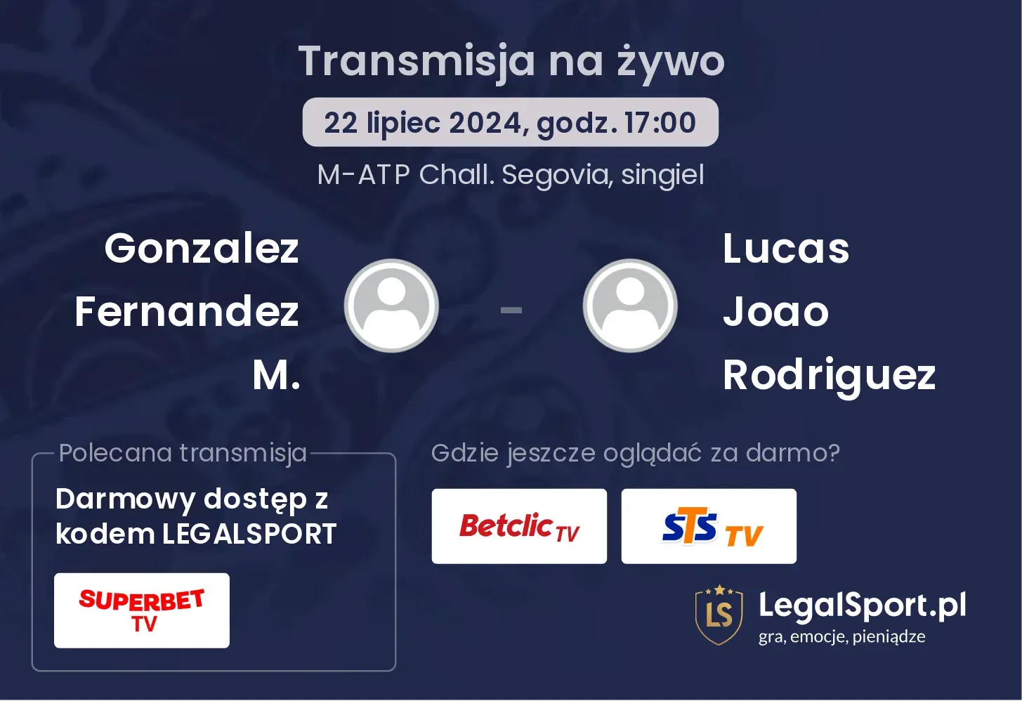 Gonzalez Fernandez M. - Lucas Joao Rodriguez gdzie oglądać? Transmisja online za darmo (22.07, godz. 17:00)