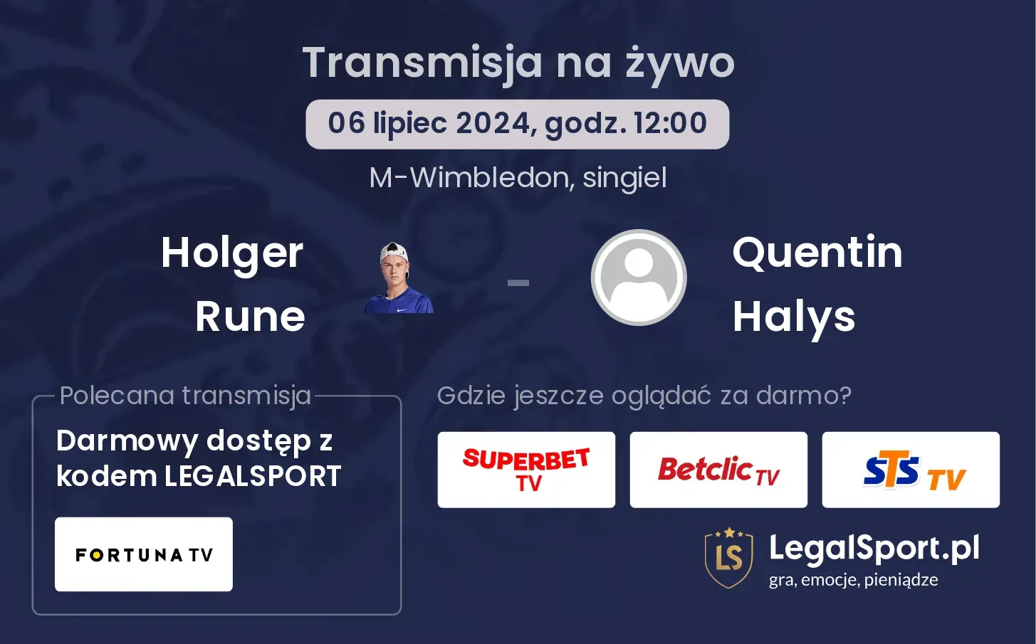 Holger Rune - Quentin Halys gdzie oglądać? Transmisja online za darmo (06.07, godz. 12:00)