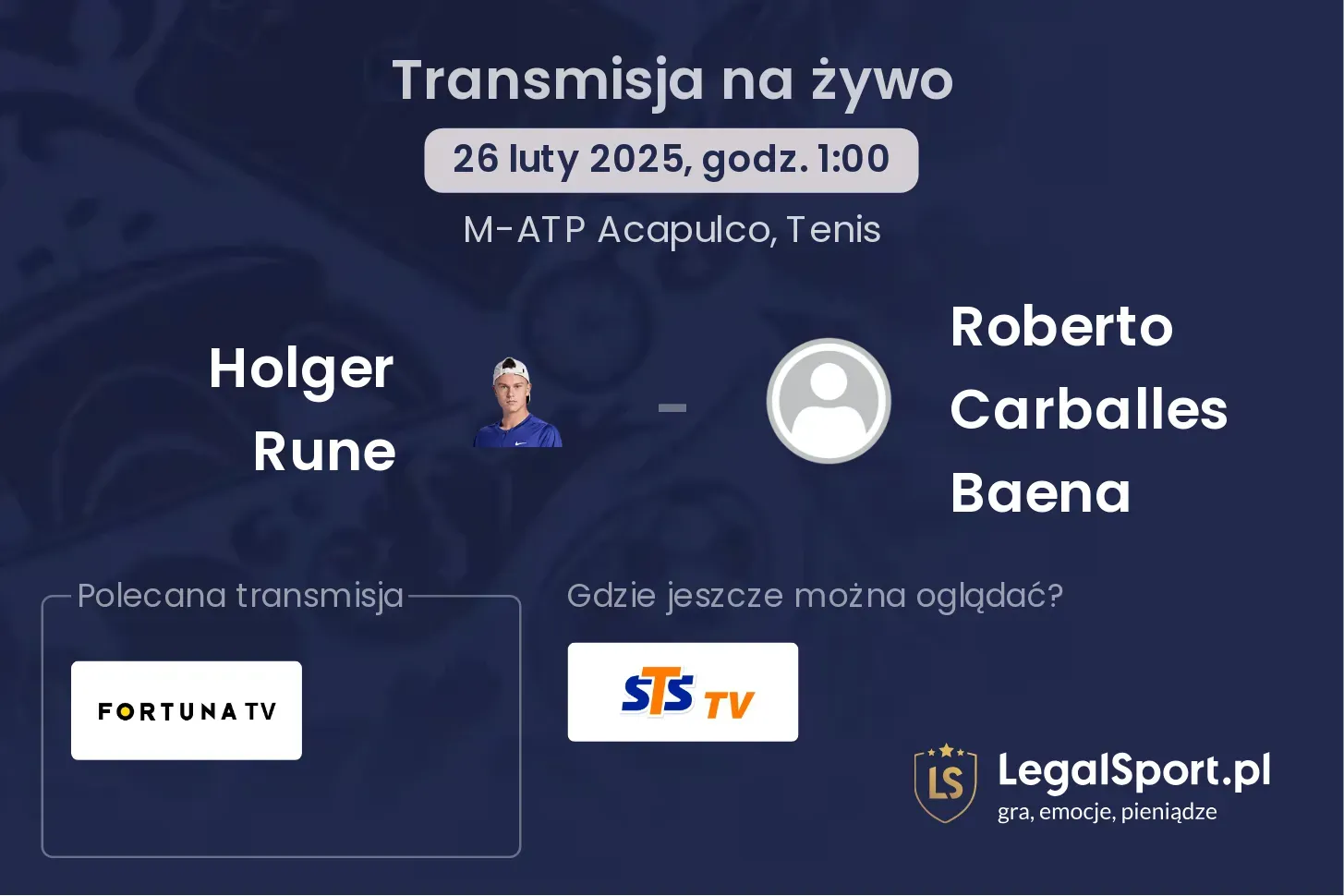 Holger Rune - Roberto Carballes Baena transmisja na żywo