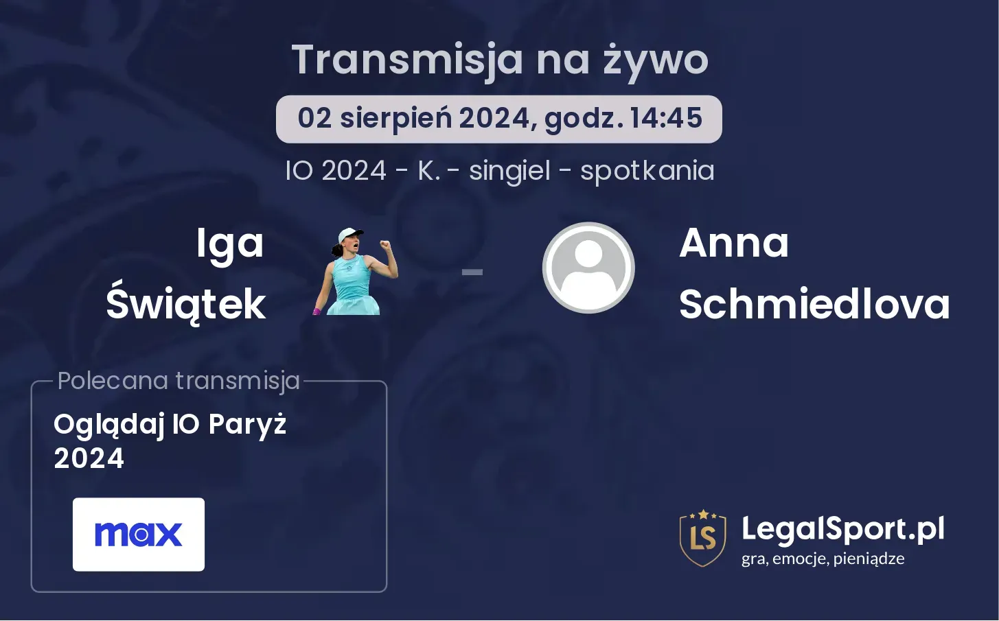 Iga Świątek - Anna Schmiedlova gdzie oglądać? (02.08, godz. 14:45)