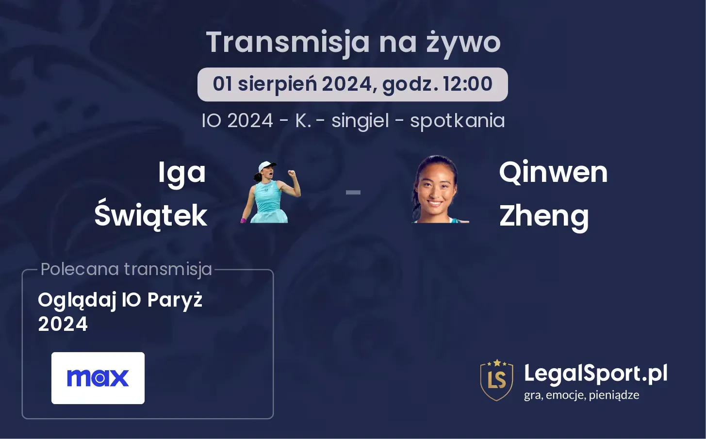 Iga Świątek - Qinwen Zheng gdzie oglądać? (01.08, godz. 12:00)