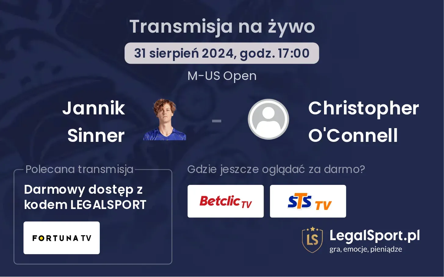 Jannik Sinner - Christopher O'Connell gdzie oglądać? 31.08, godz. 17:00