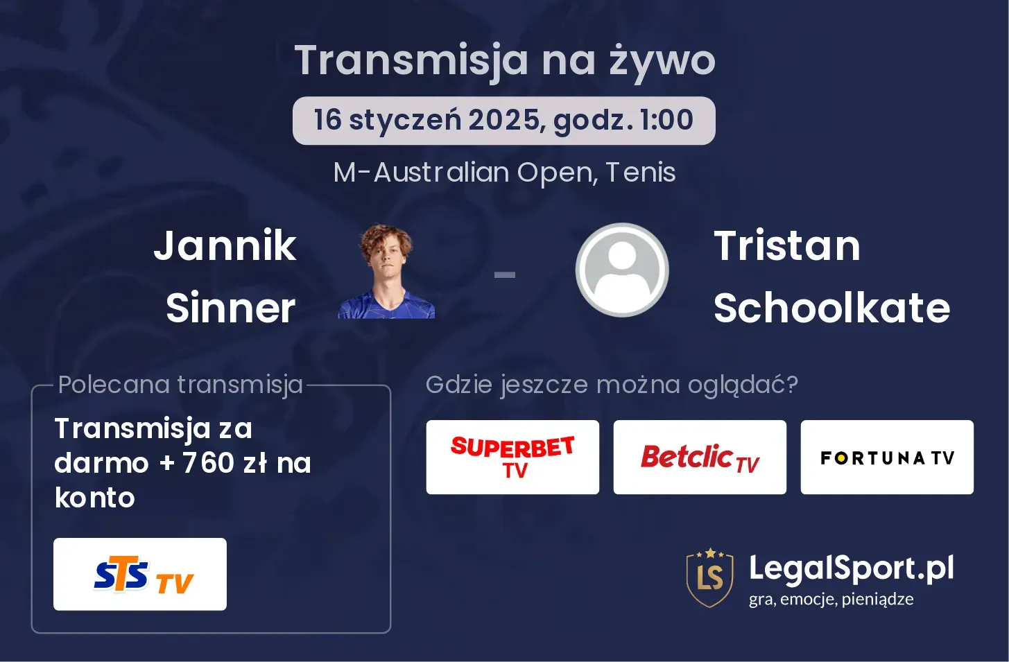 Jannik Sinner - Tristan Schoolkate transmisja na żywo