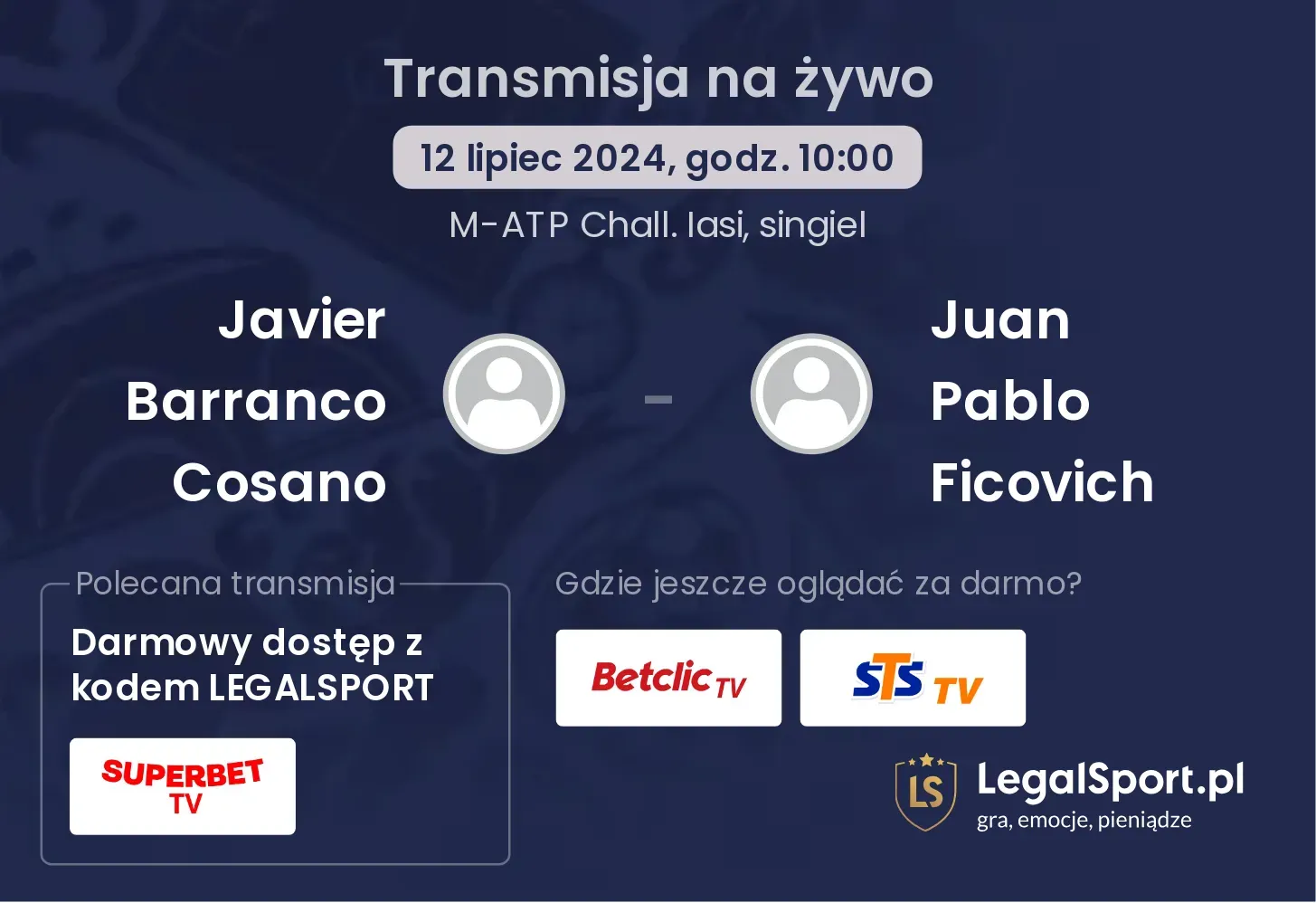 Javier Barranco Cosano - Juan Pablo Ficovich gdzie oglądać? Transmisja online za darmo (12.07, godz. 10:00)