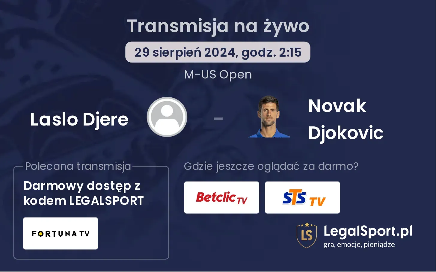 Laslo Djere - Novak Djokovic transmisja na żywo