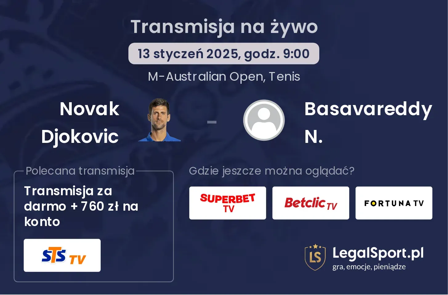 Novak Djokovic - Basavareddy N. gdzie oglądać transmisję?