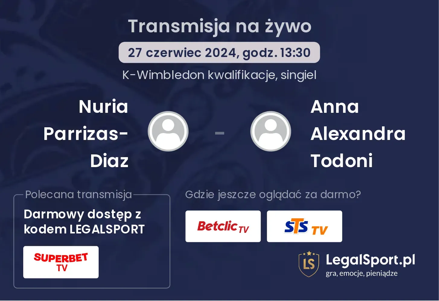 Nuria Parrizas-Diaz - Anna Alexandra Todoni gdzie oglądać? Transmisja online za darmo (27.06, godz. 13:30)