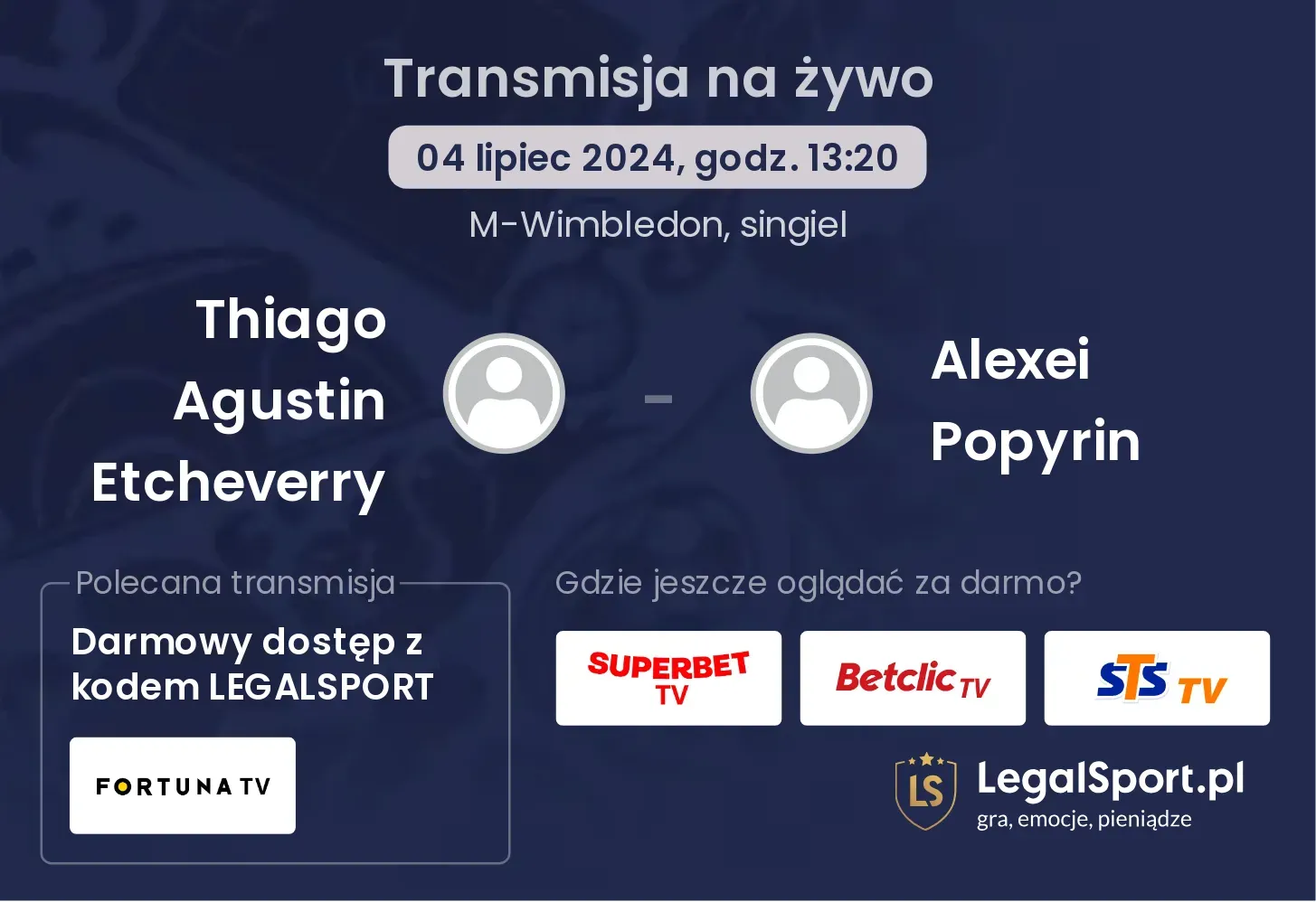 Thiago Agustin Etcheverry - Alexei Popyrin transmisja na żywo