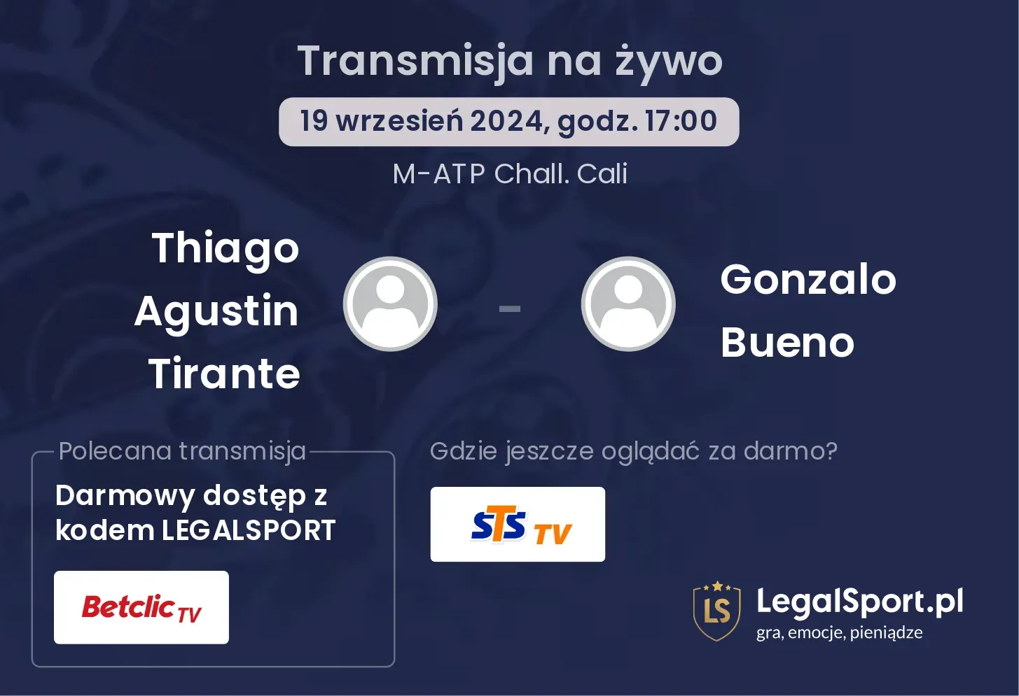 Thiago Agustin Tirante - Gonzalo Bueno gdzie oglądać? 19.09, godz. 17:00