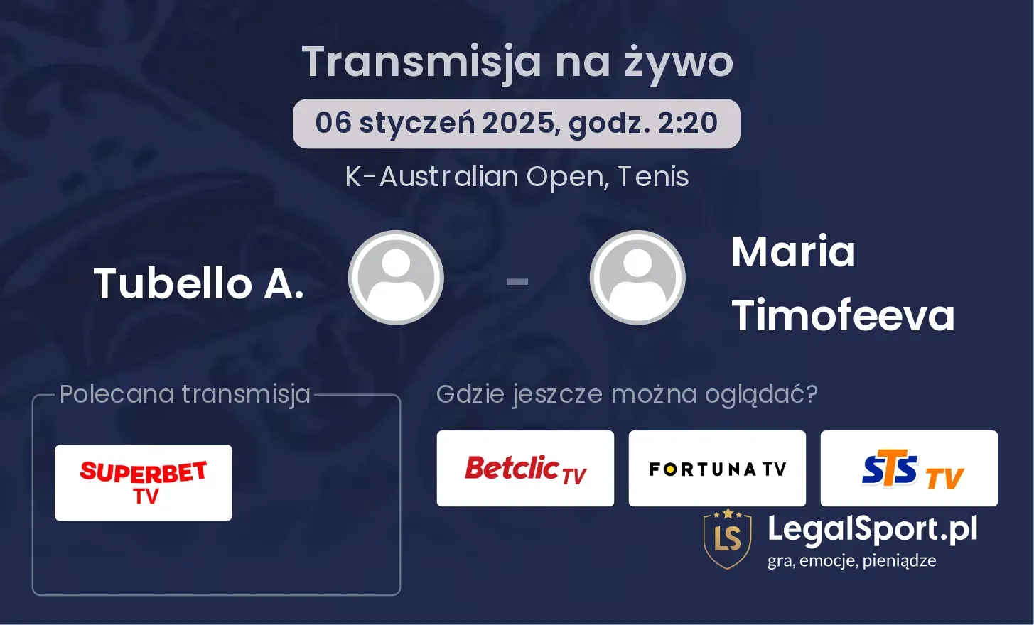 Tubello A. - Maria Timofeeva gdzie oglądać transmisję?