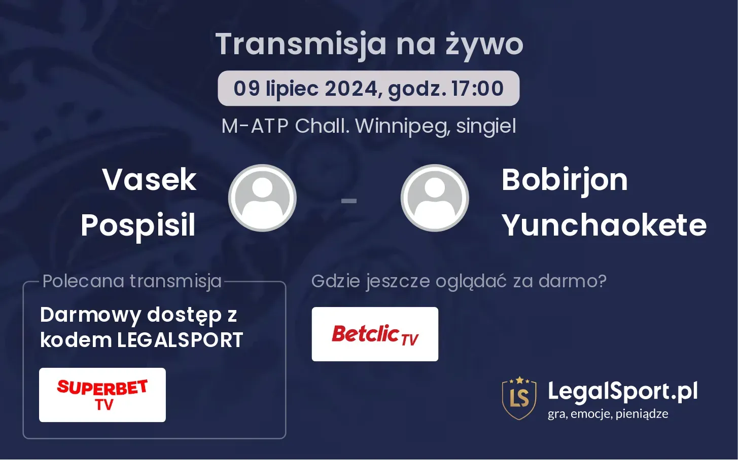 Vasek Pospisil - Bobirjon Yunchaokete gdzie oglądać? Transmisja online za darmo (09.07, godz. 17:00)