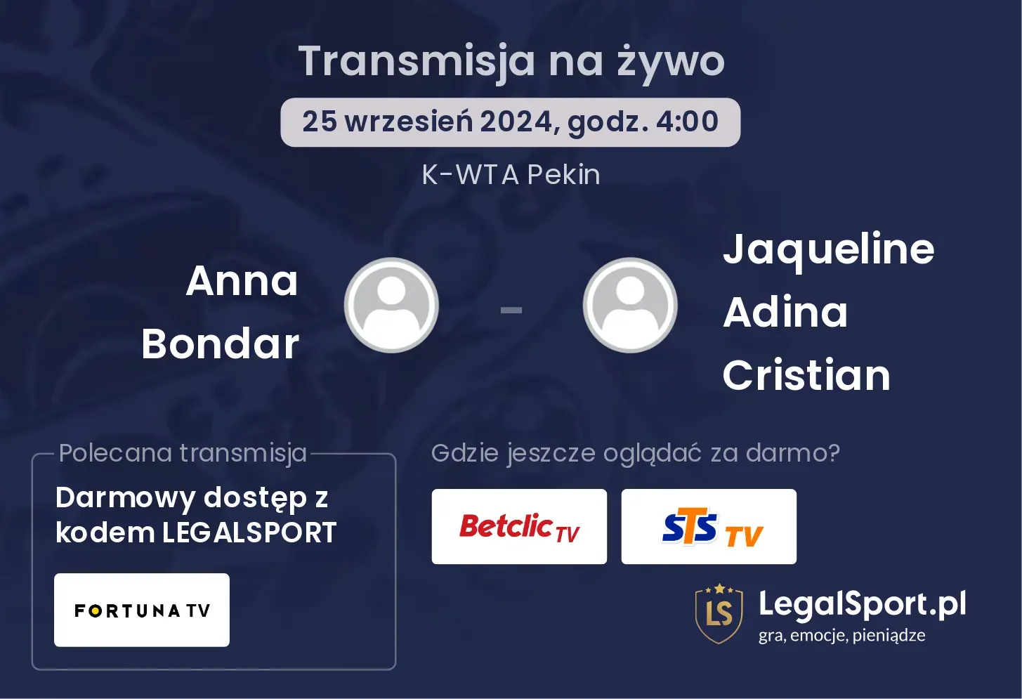 Anna Bondar - Jaqueline Adina Cristian transmisja na żywo