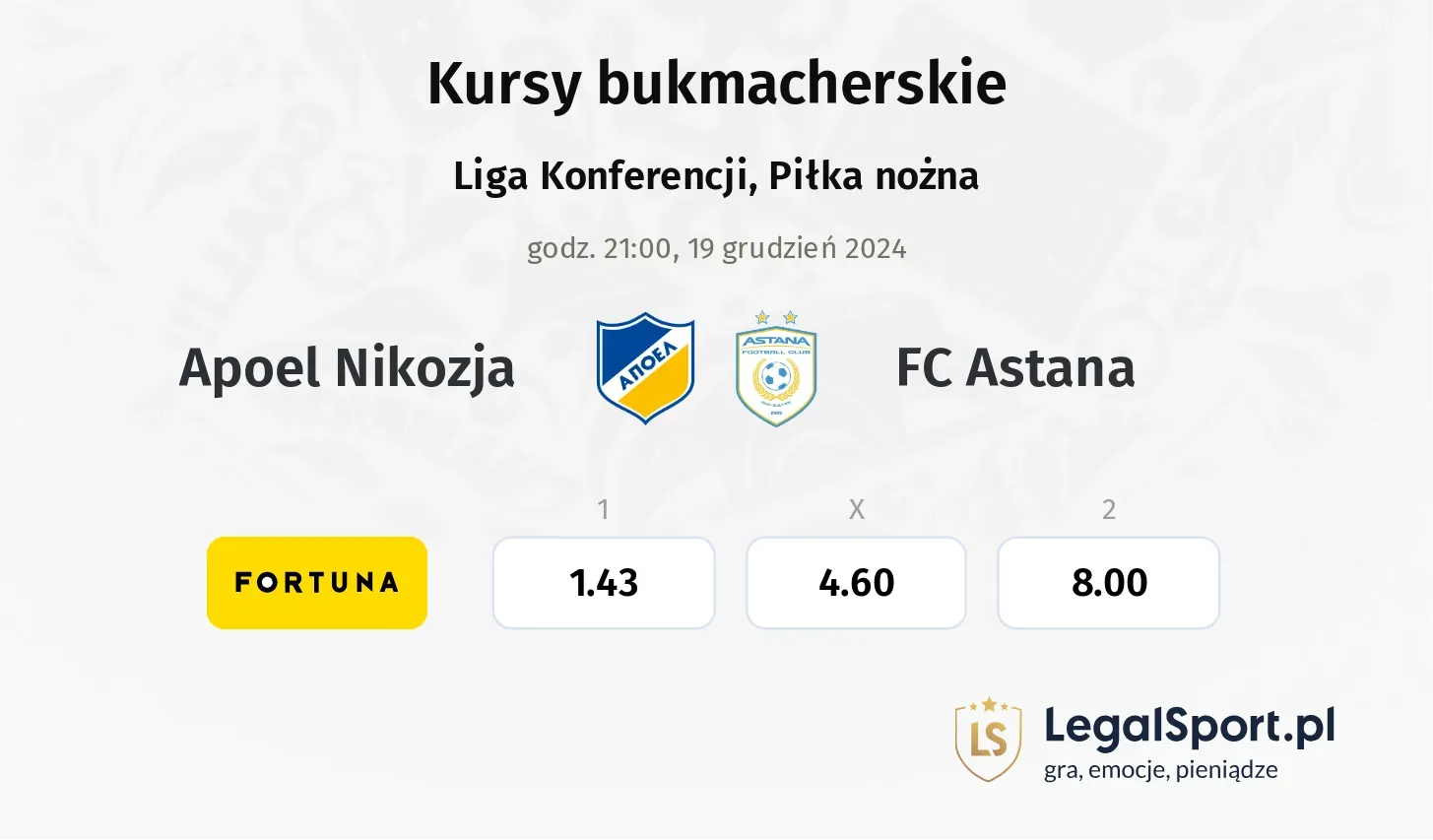 Apoel Nikozja - FC Astana typy, kursy ( 18.12.2024)