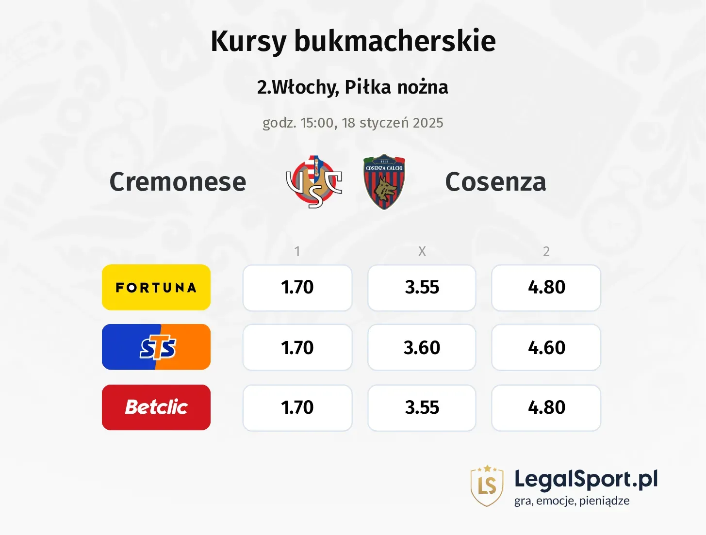 Cremonese - Cosenza promocje bonusy na mecz