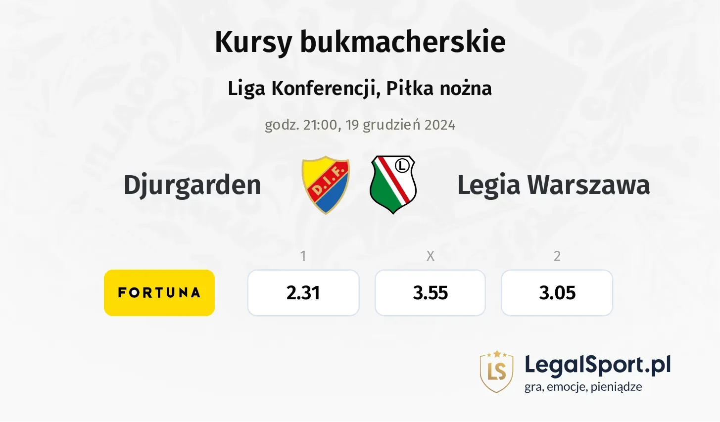 Djurgarden - Legia Warszawa typy, kursy ( 18.12.2024)