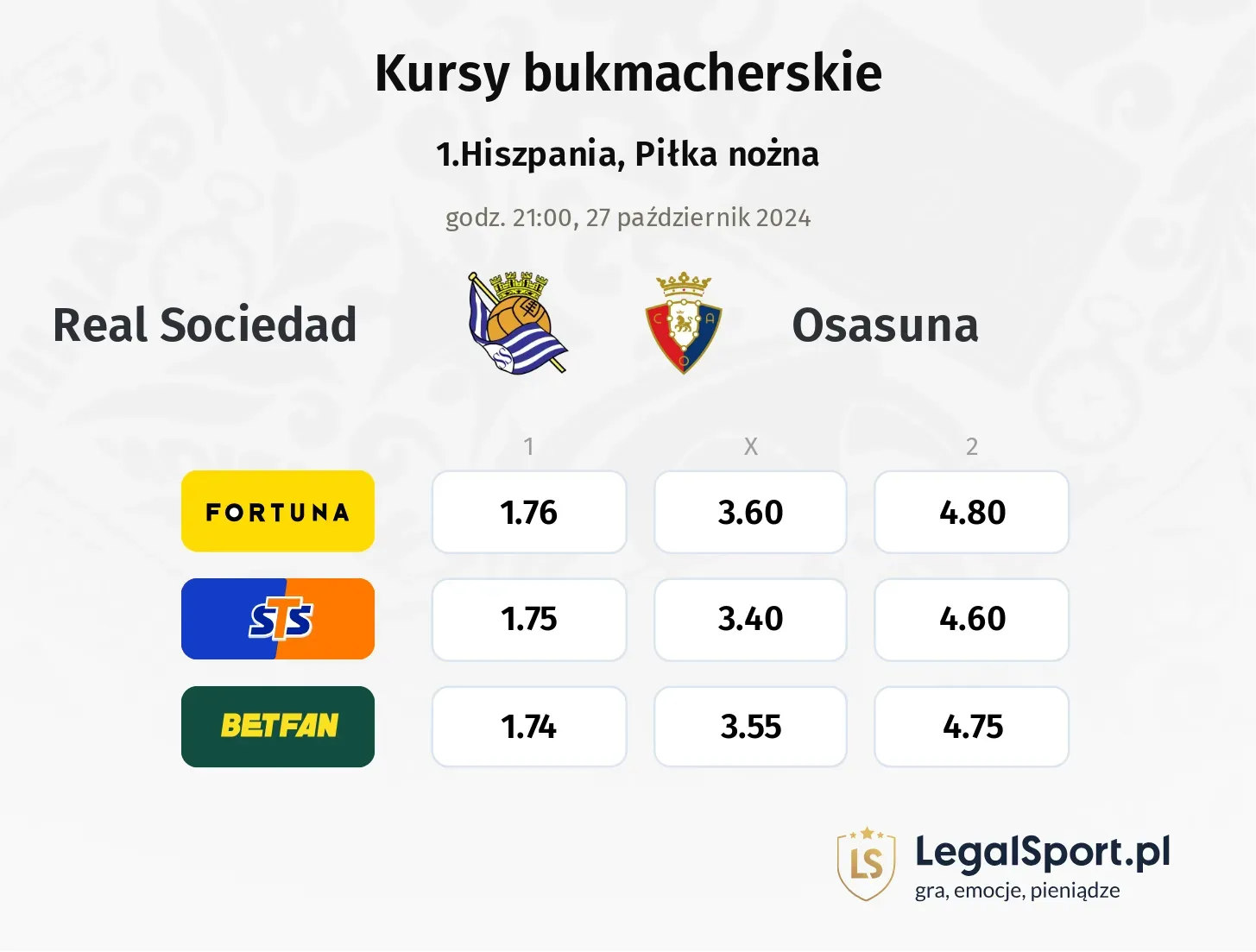 Real Sociedad - Osasuna typy, kursy 27.10, godz. 21:00