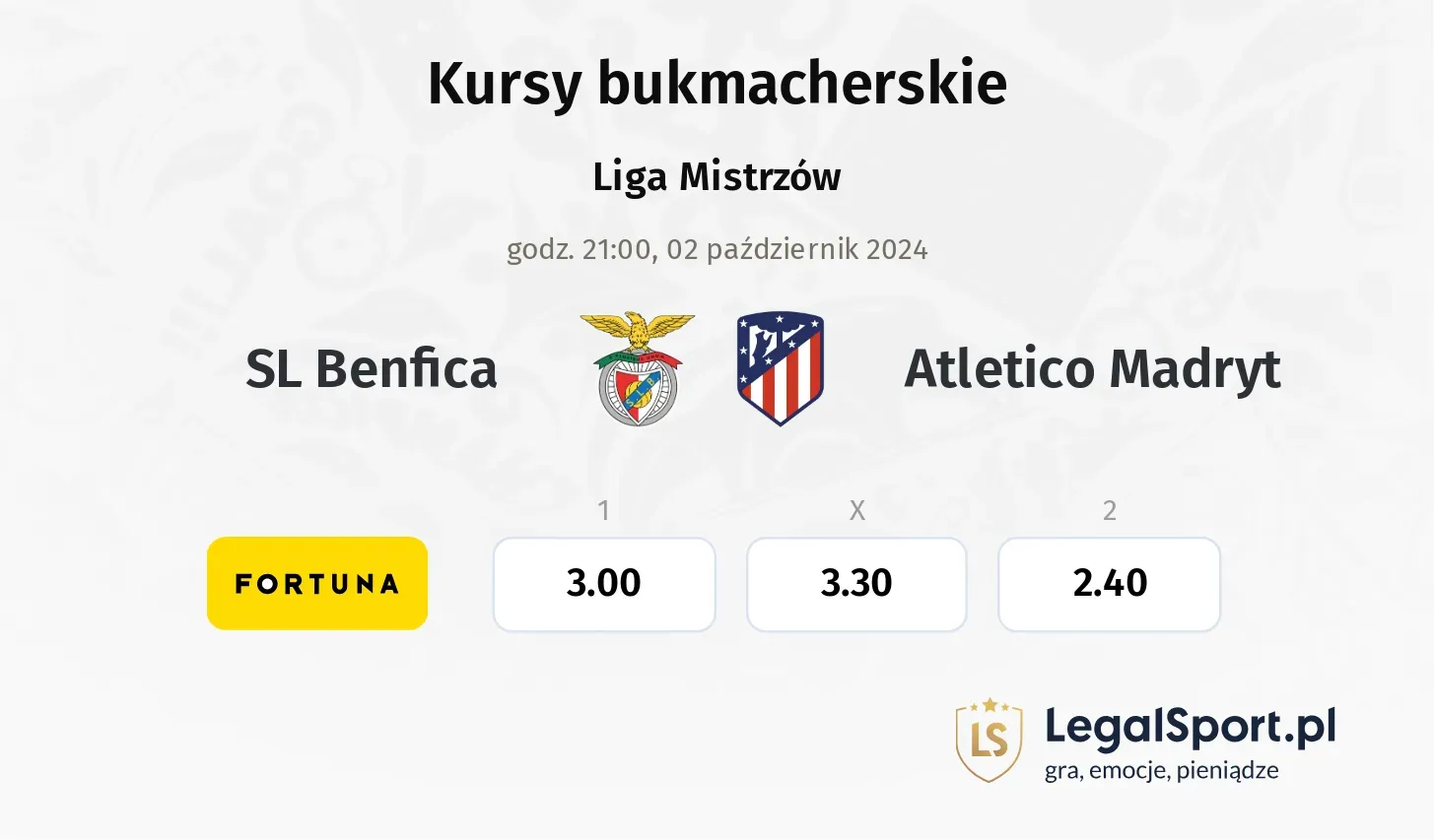 SL Benfica - Atletico Madryt typy, kursy 02.10, godz. 21:00