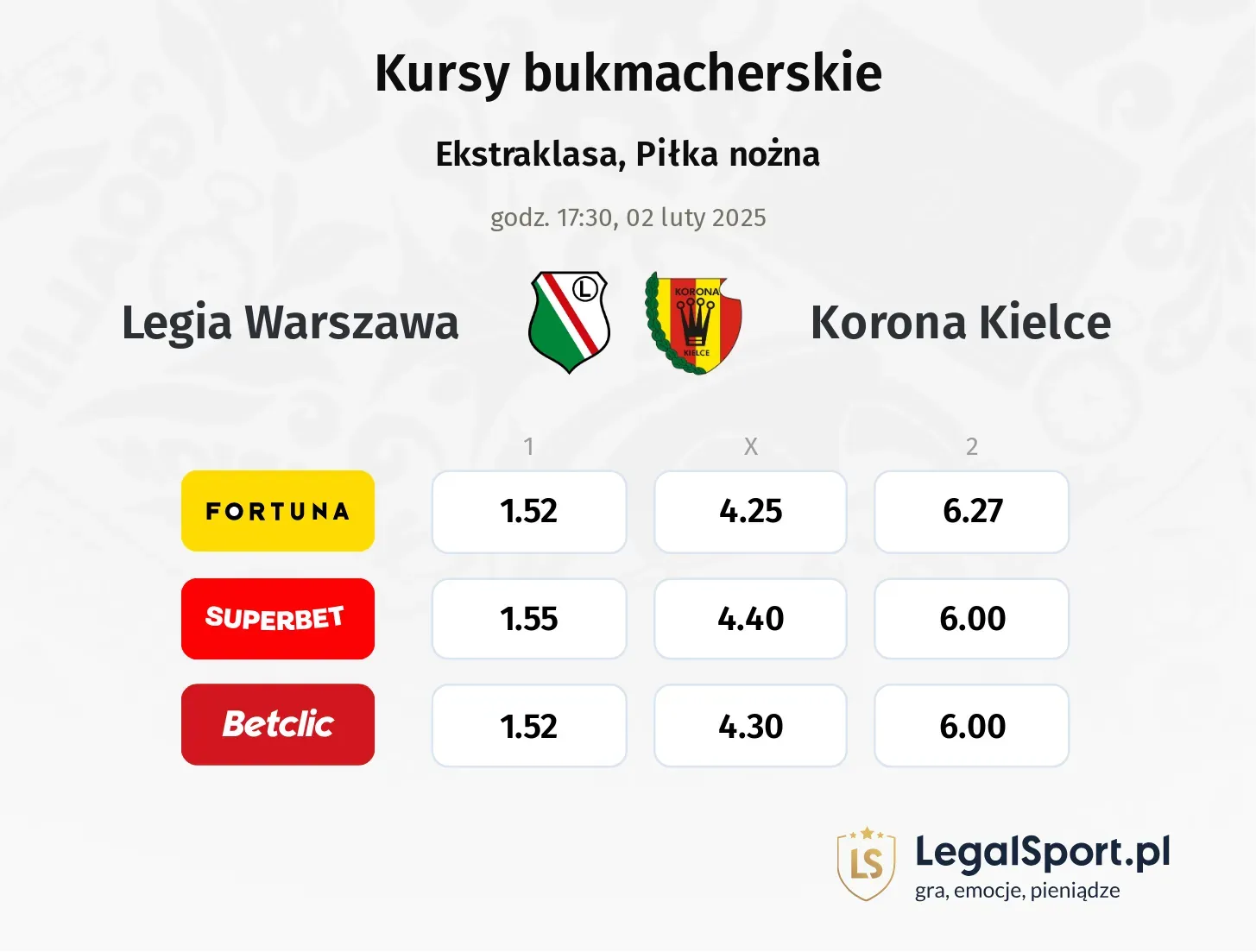 Legia Warszawa - Korona Kielce promocje bonusy na mecz