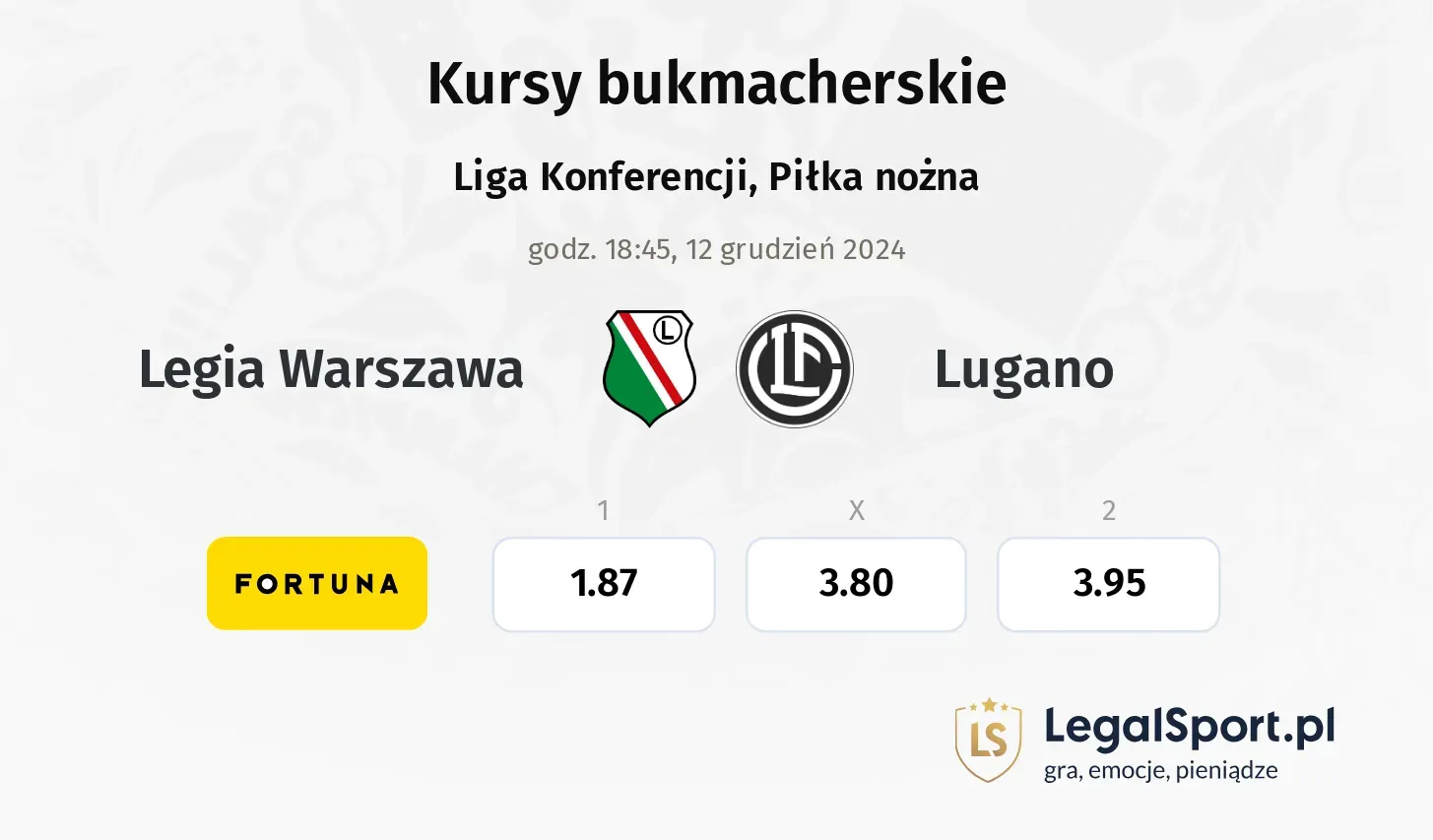 Legia Warszawa - Lugano typy, kursy