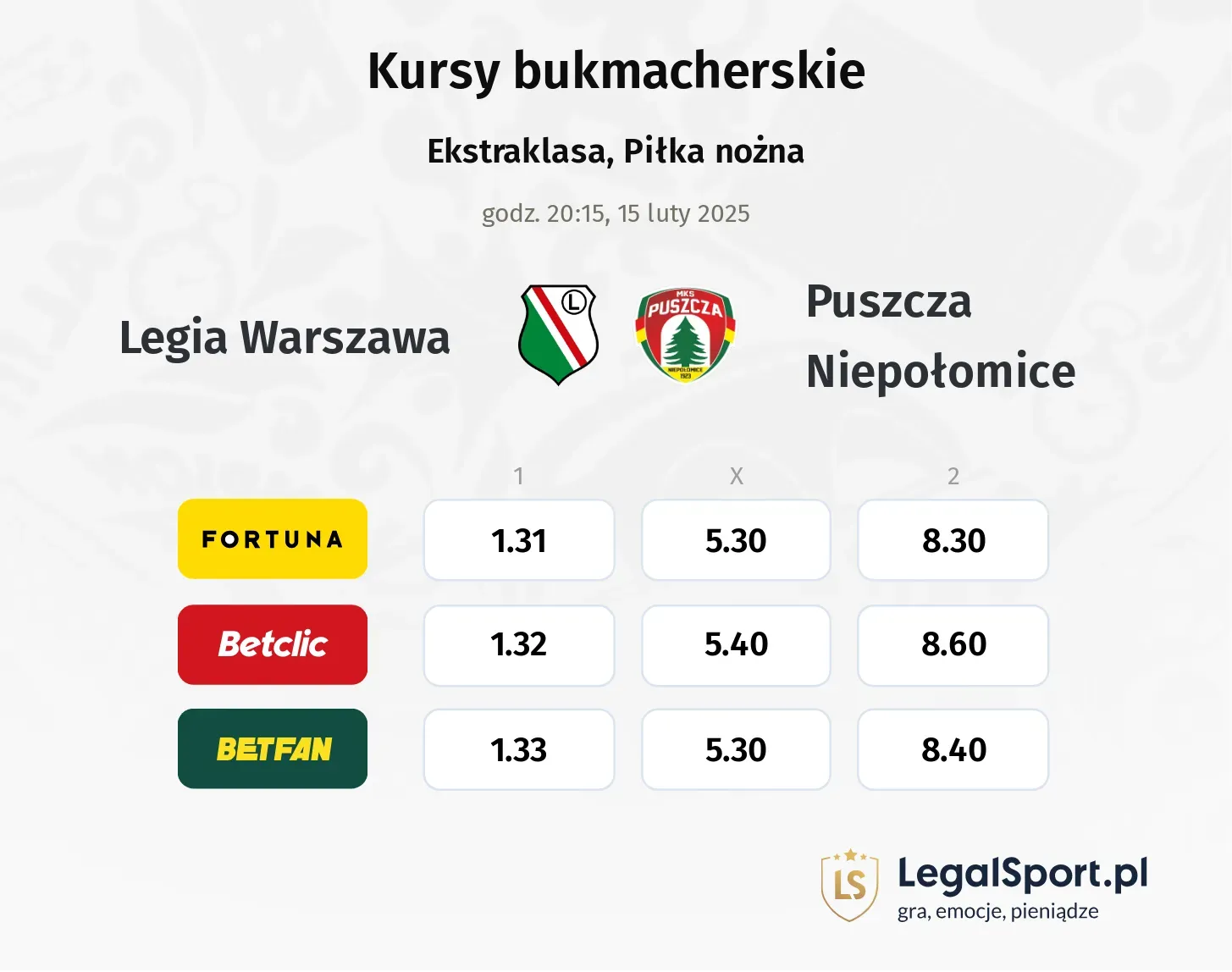 Legia Warszawa - Puszcza Niepołomice promocje bonusy na mecz