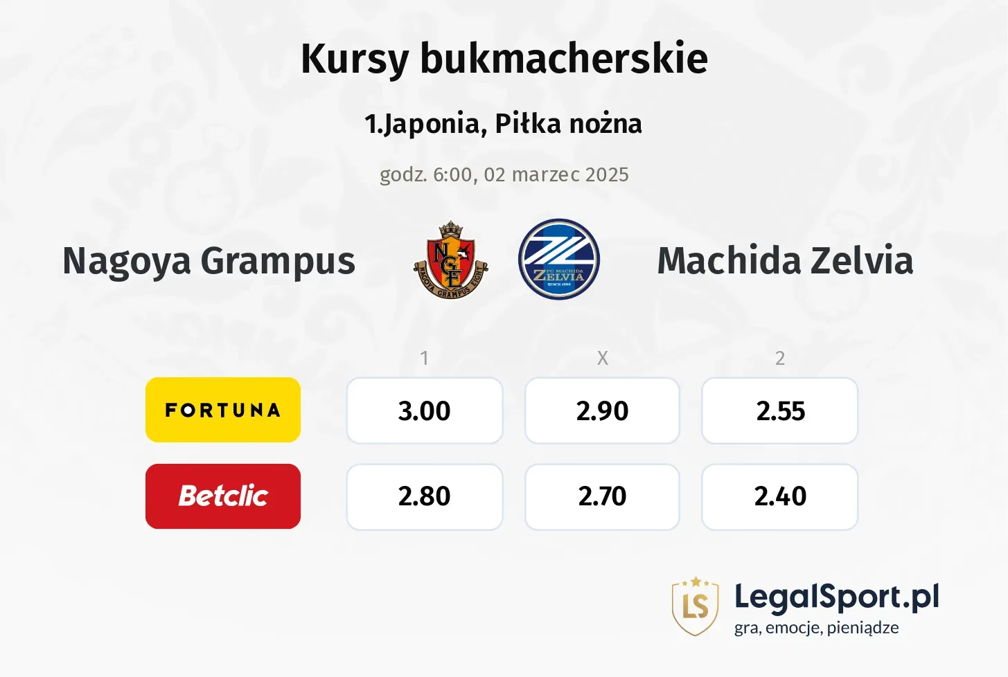 Nagoya Grampus - Machida Zelvia promocje bonusy na mecz