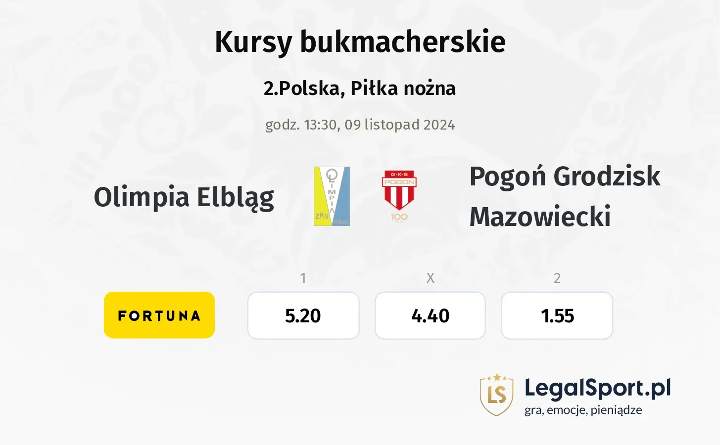 Olimpia Elbląg - Pogoń Grodzisk Mazowiecki typy, kursy 09.11, godz. 13:30