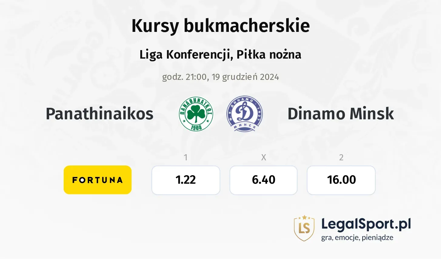 Panathinaikos - Dinamo Minsk typy, kursy ( 18.12.2024)