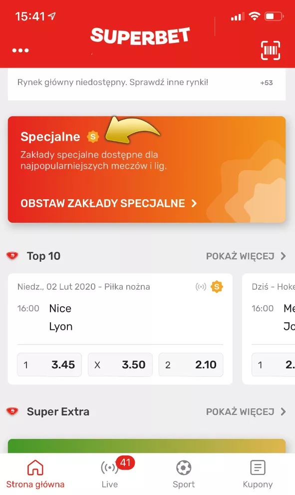 Infografika pomagająca zlokalizować zakłady specjalne w aplikacji Superbet