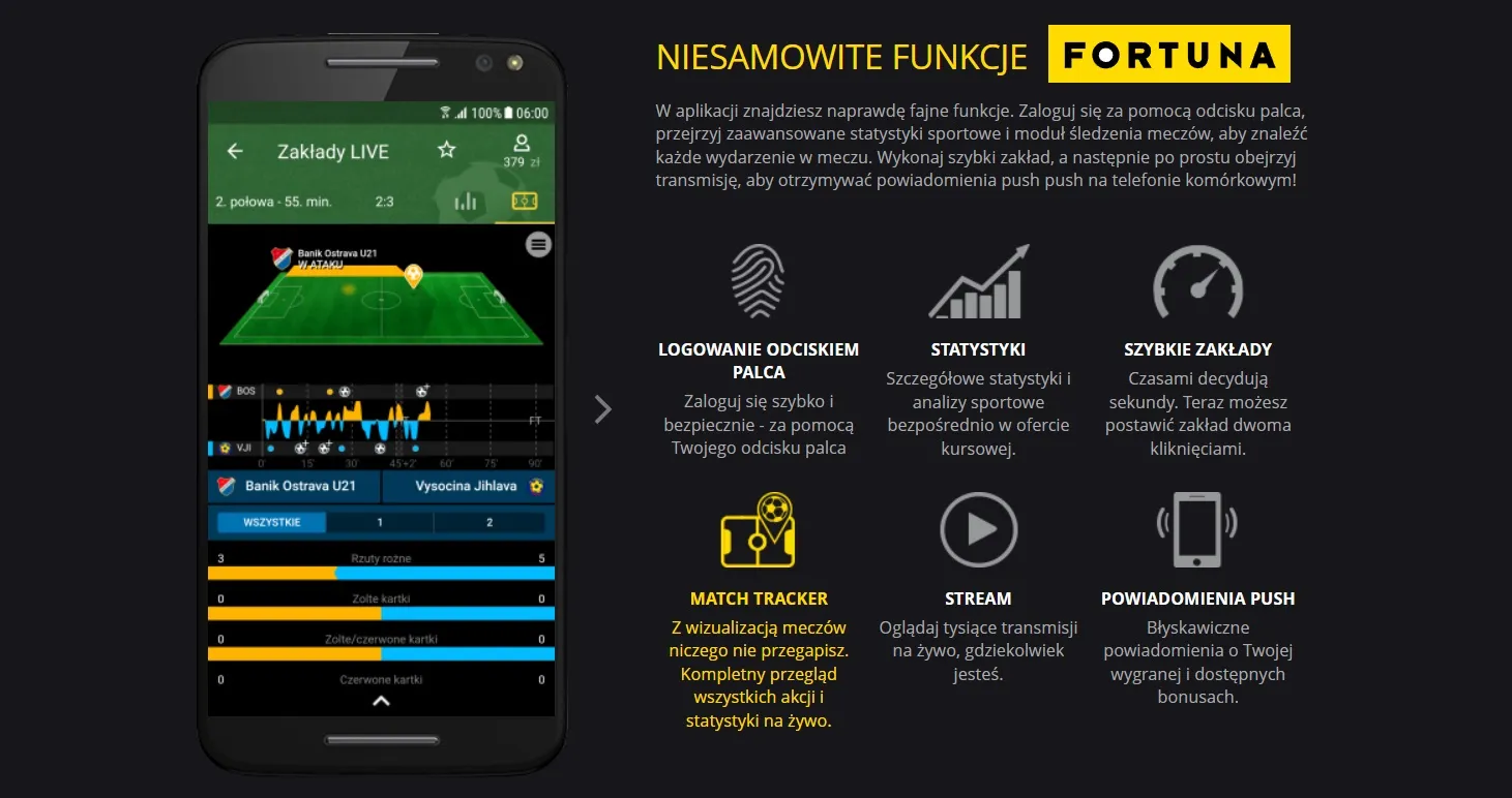 Aplikacja mobilna Fortuny z ofertą na mecze piłkarskie